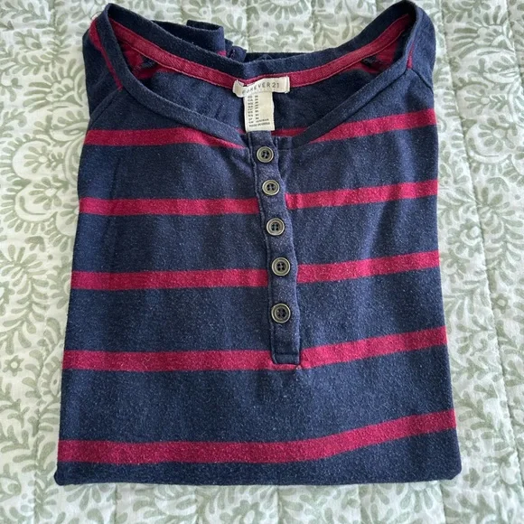 Forever 21 Navy and Red Button-Up striped Top - Picture 3 of 5